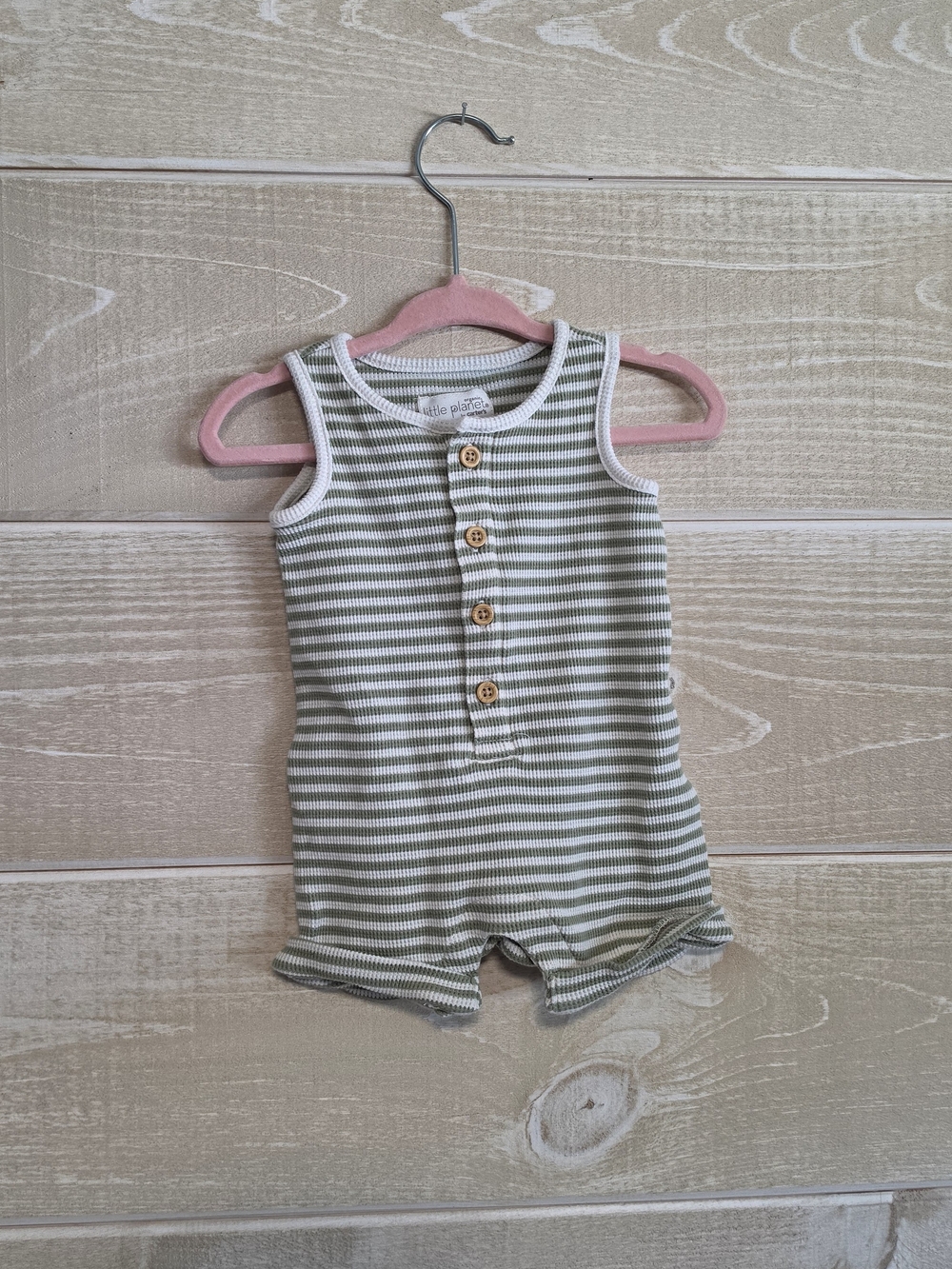 The Children's Place Olive & White Ribbed Tank Romper with Wooden Buttons
